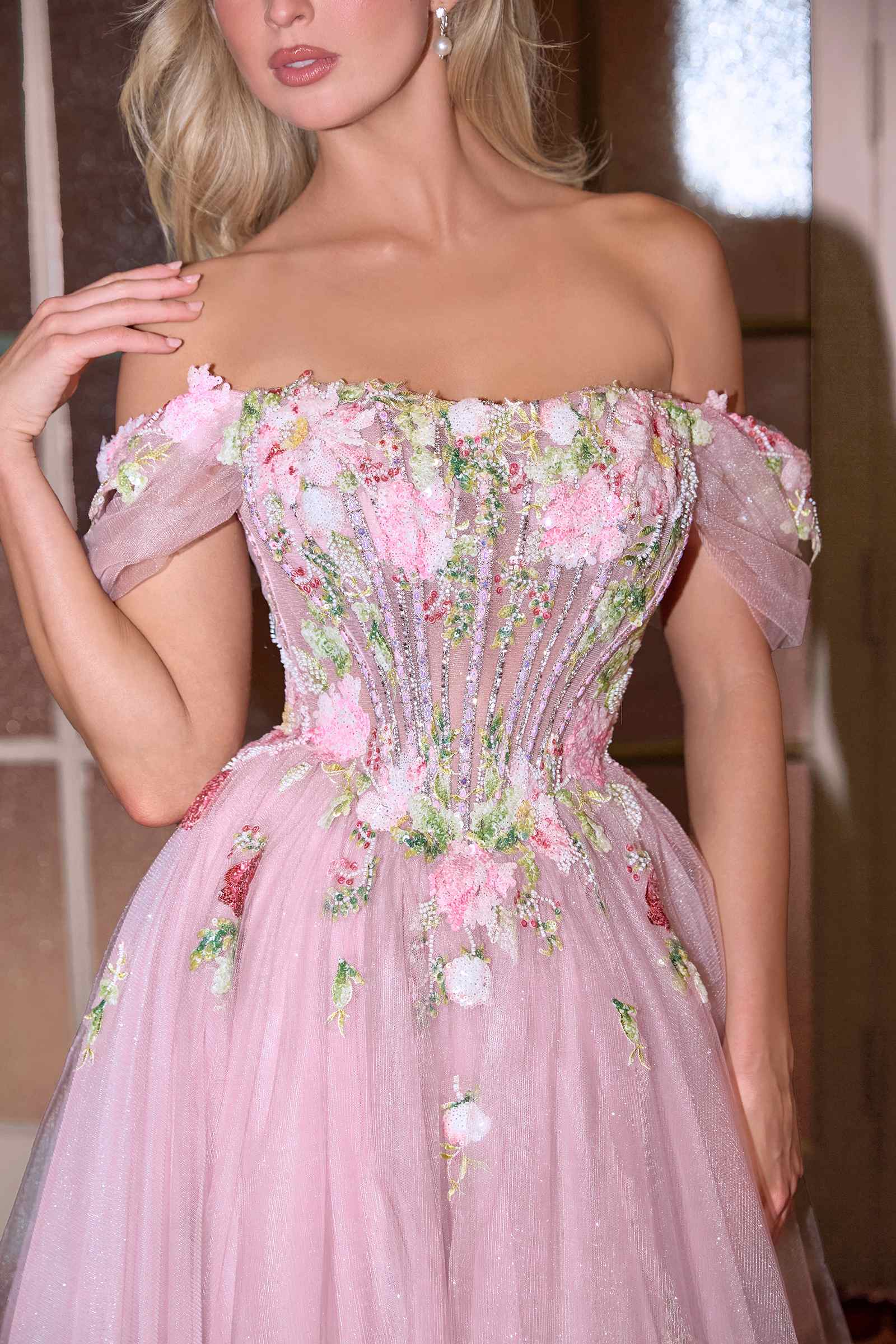 Andrea & Leo A1479 Long A-Line Off Shoulder 3D Floral Applique Gown