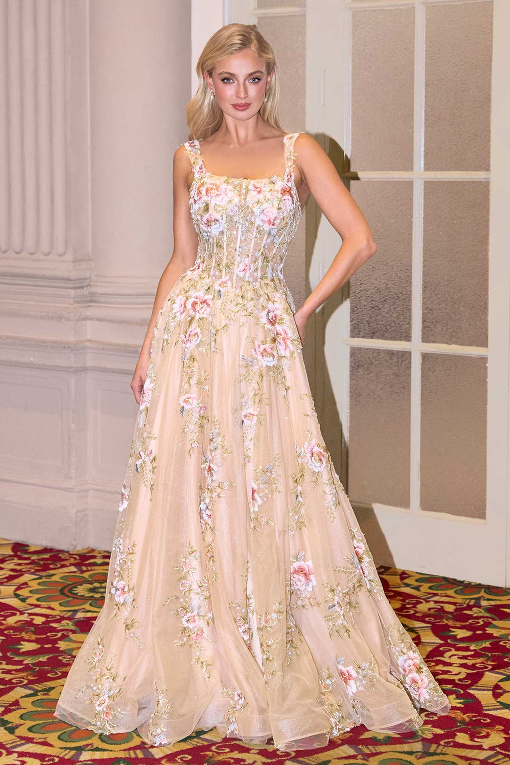 Andrea & Leo A1480 Long A-Line Floral Embroidered Straps Tulle Gown