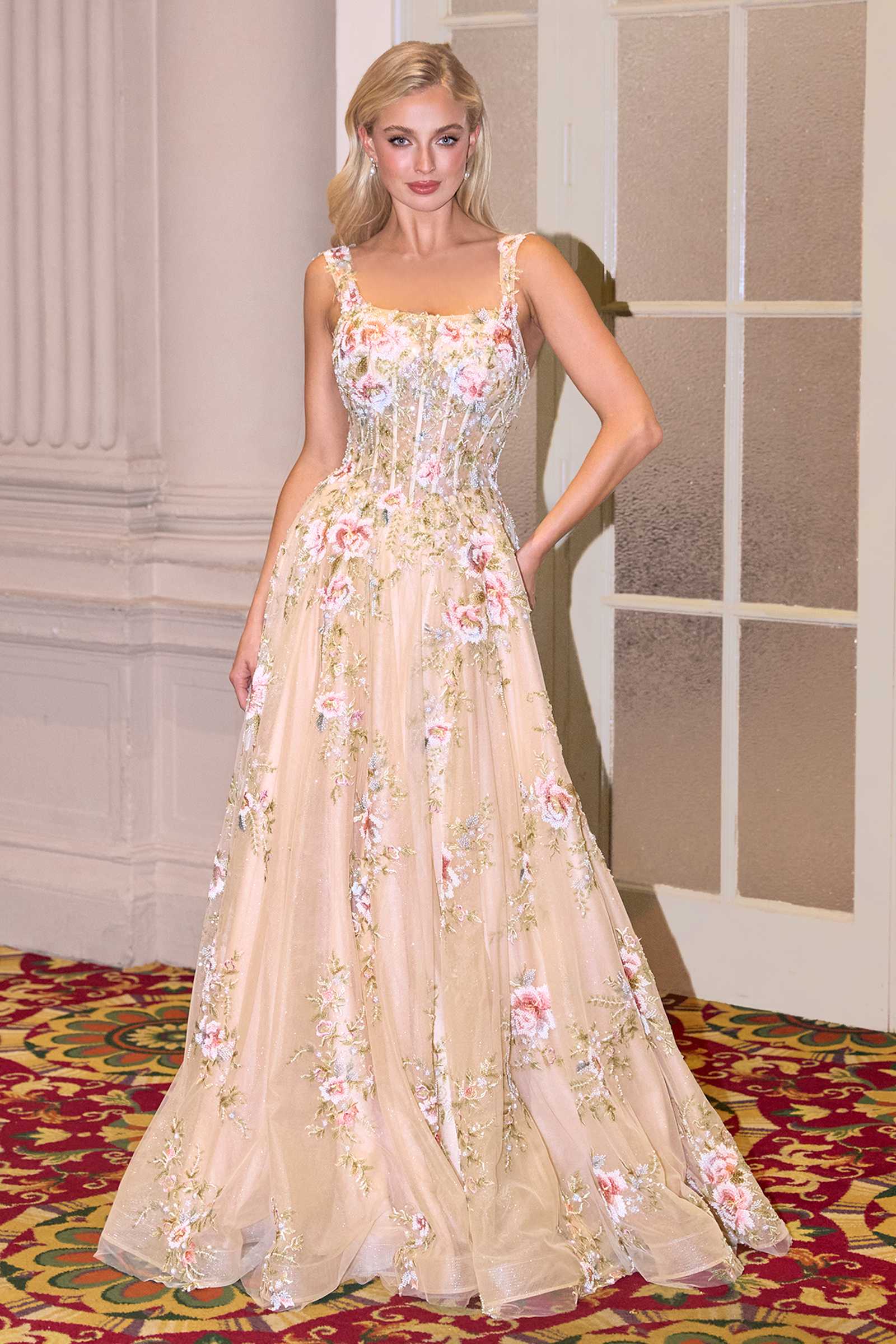 Andrea & Leo A1480 Long A-Line Floral Embroidered Straps Tulle Gown