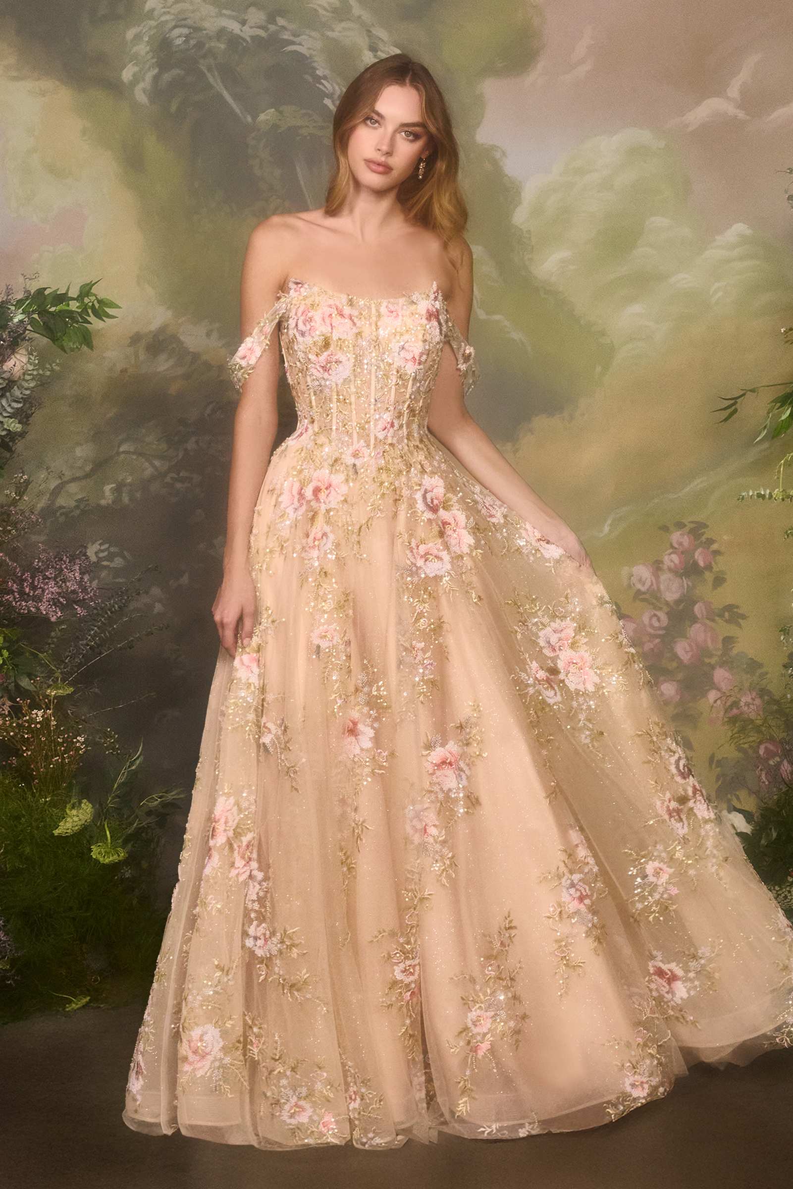 Andrea & Leo A1480 Long A-Line Floral Embroidered Straps Tulle Gown