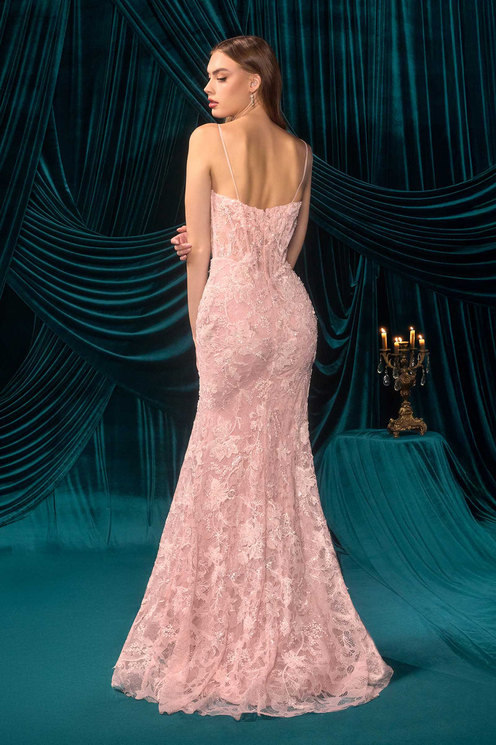 Andrea & Leo A1499 Ethereal Floral Lace Thigh High Slit Fitted Lace Gown