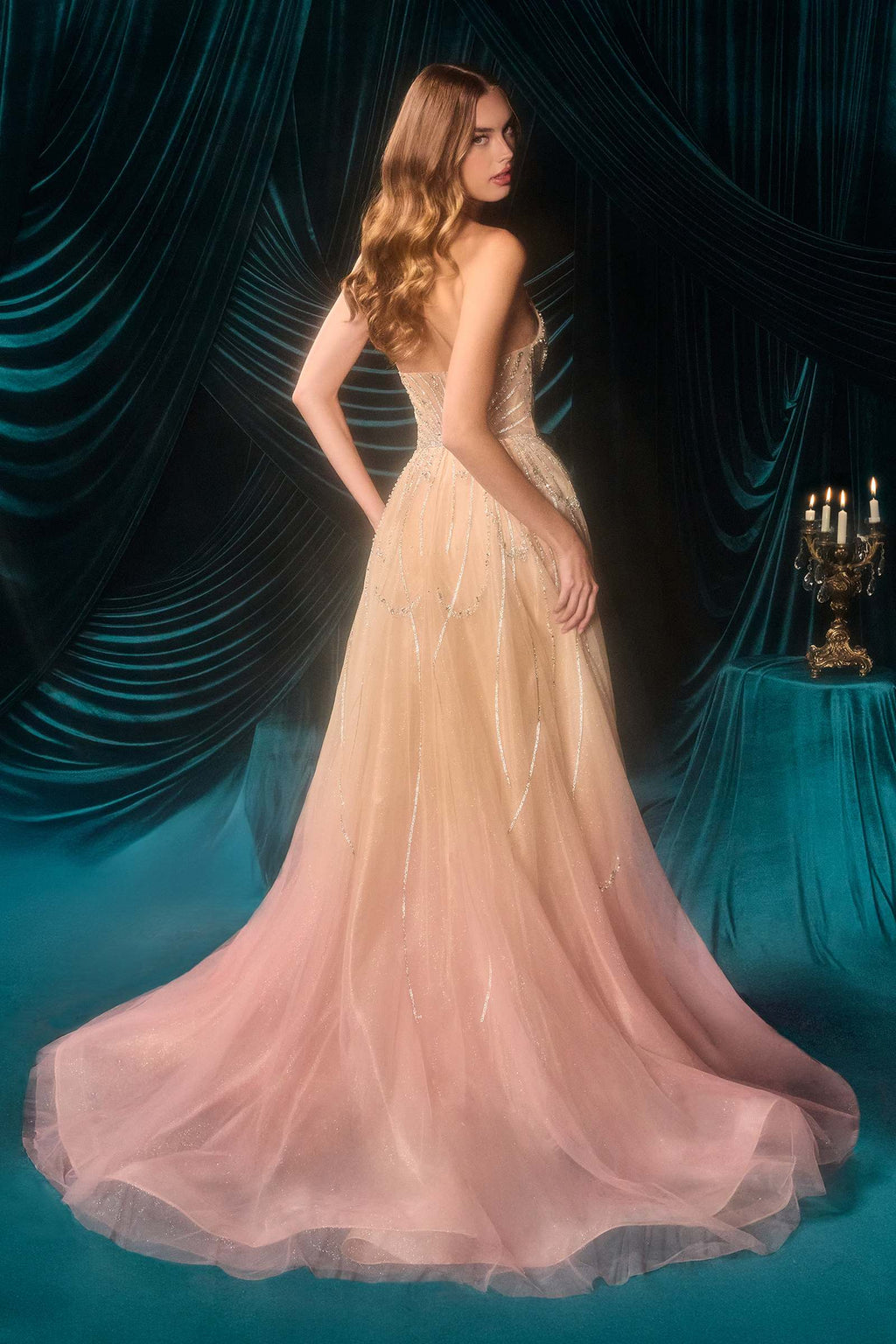 Andrea & Leo A1508 Fitted Layered Overskirt Ombre Pattern Formal Gown