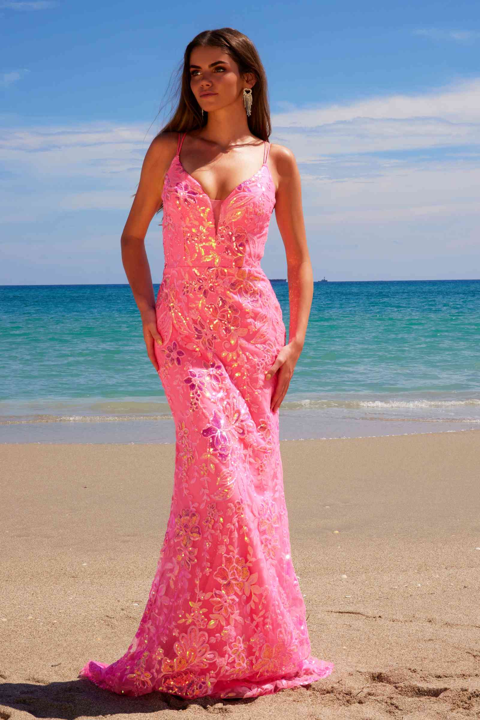 Nox Anabel A1587 Deep V-Neck Floral Sequined Tulle Dress
