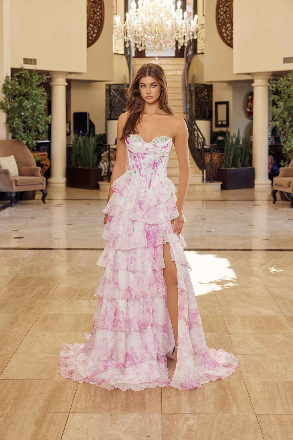 Nox Anabel A1752 Flowy Strapless A-Line Ruffled Layered Chiffon Prom Gown