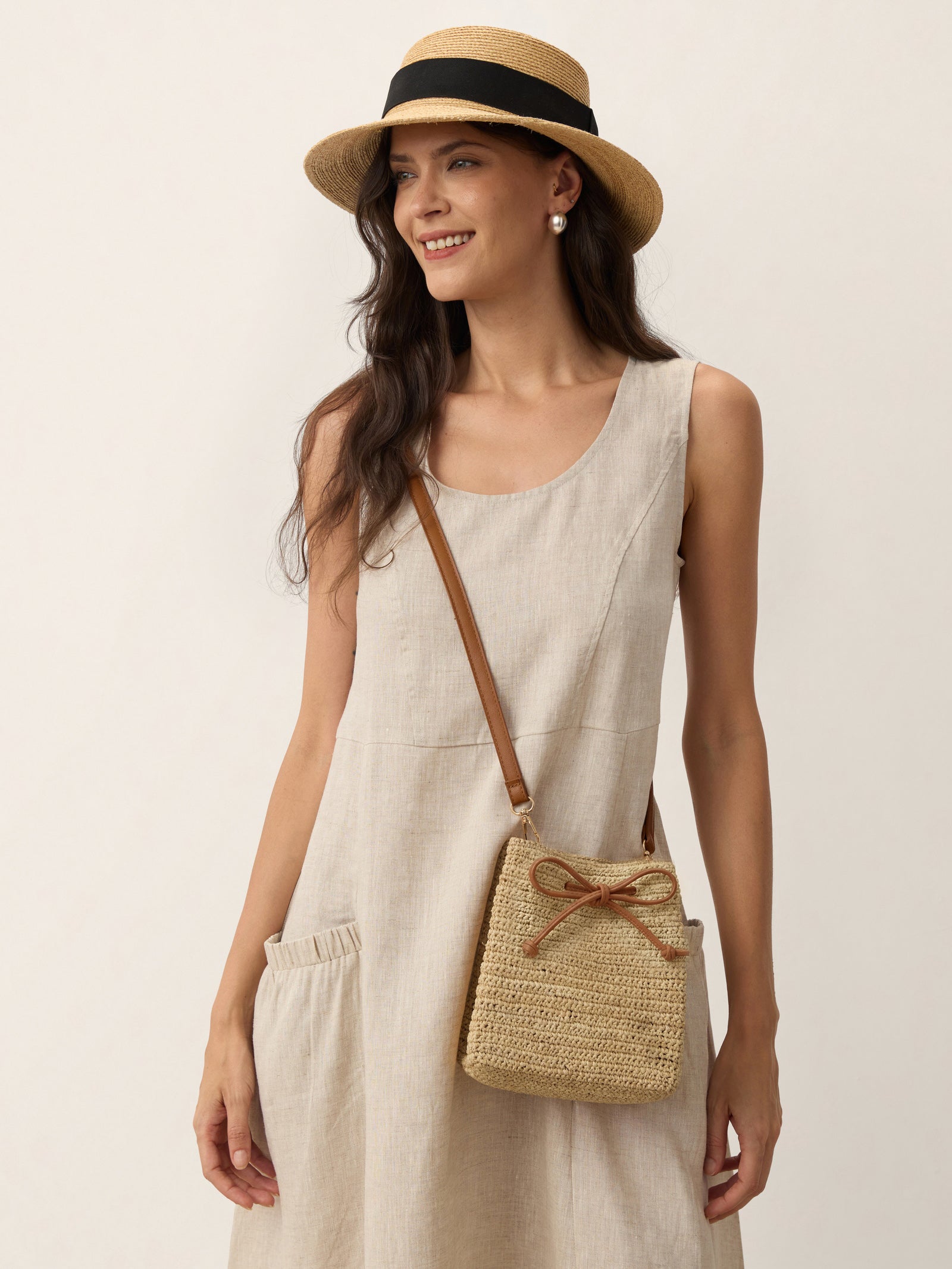 Mini Handwoven Raffia Drawstring Crossbody Bag