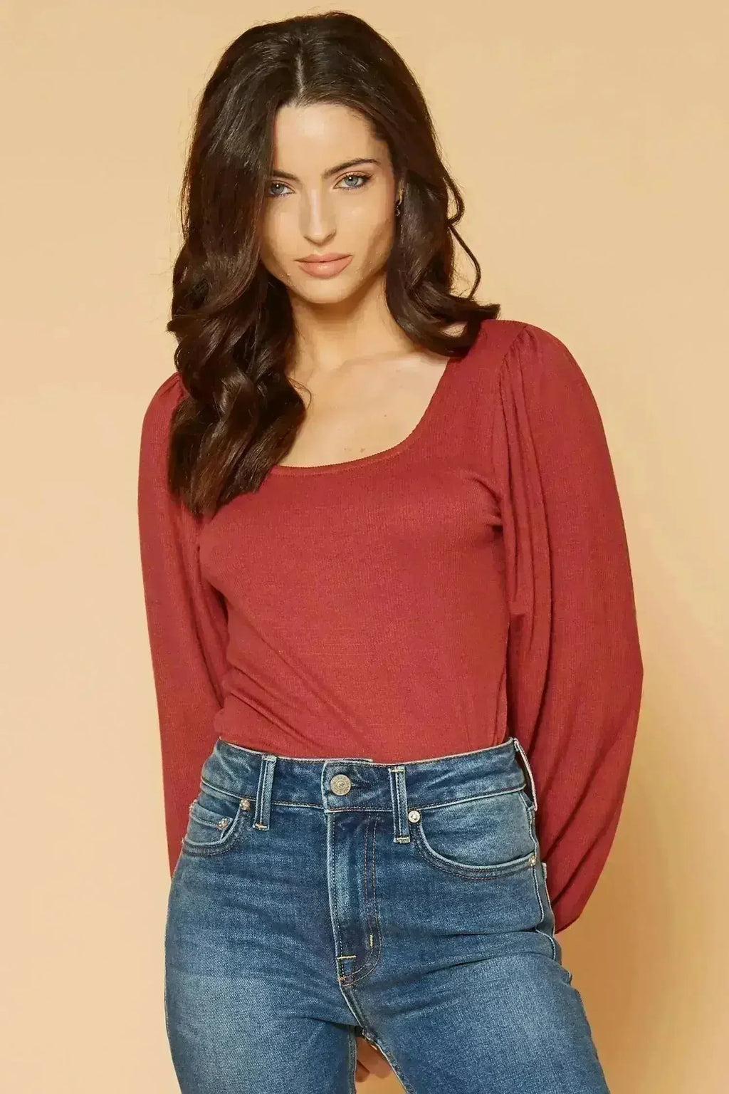 Women's Square Neck Puff Long Sleeve Bodysuit in Brick