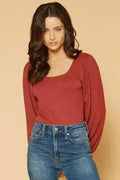 Women's Square Neck Puff Long Sleeve Bodysuit in Brick