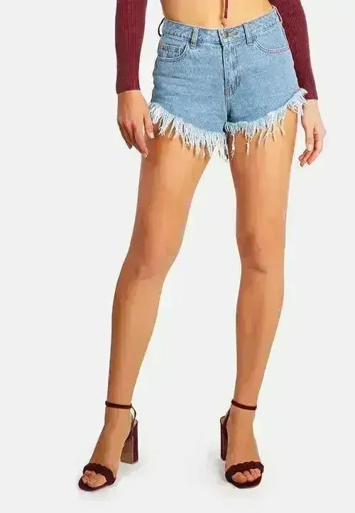 Destroyed Hem Denim Shorts | Rhinestone Patch Denim Shorts - femstylo