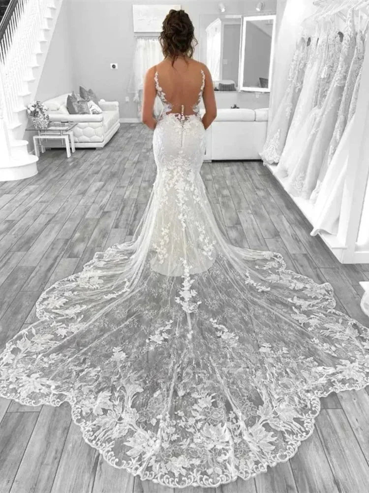 Boho Mermaid Wedding Dresses for Women  Open Back V-Neck Lace Spaghetti Strap Bridal Gown Vestidos De Novia Customized