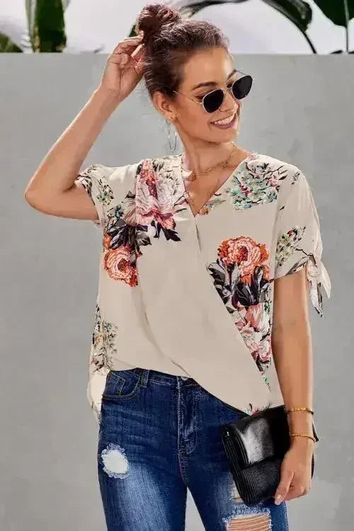 Apricot Floral Twist Short Sleeve Blouse Women’s Top | Femstylo