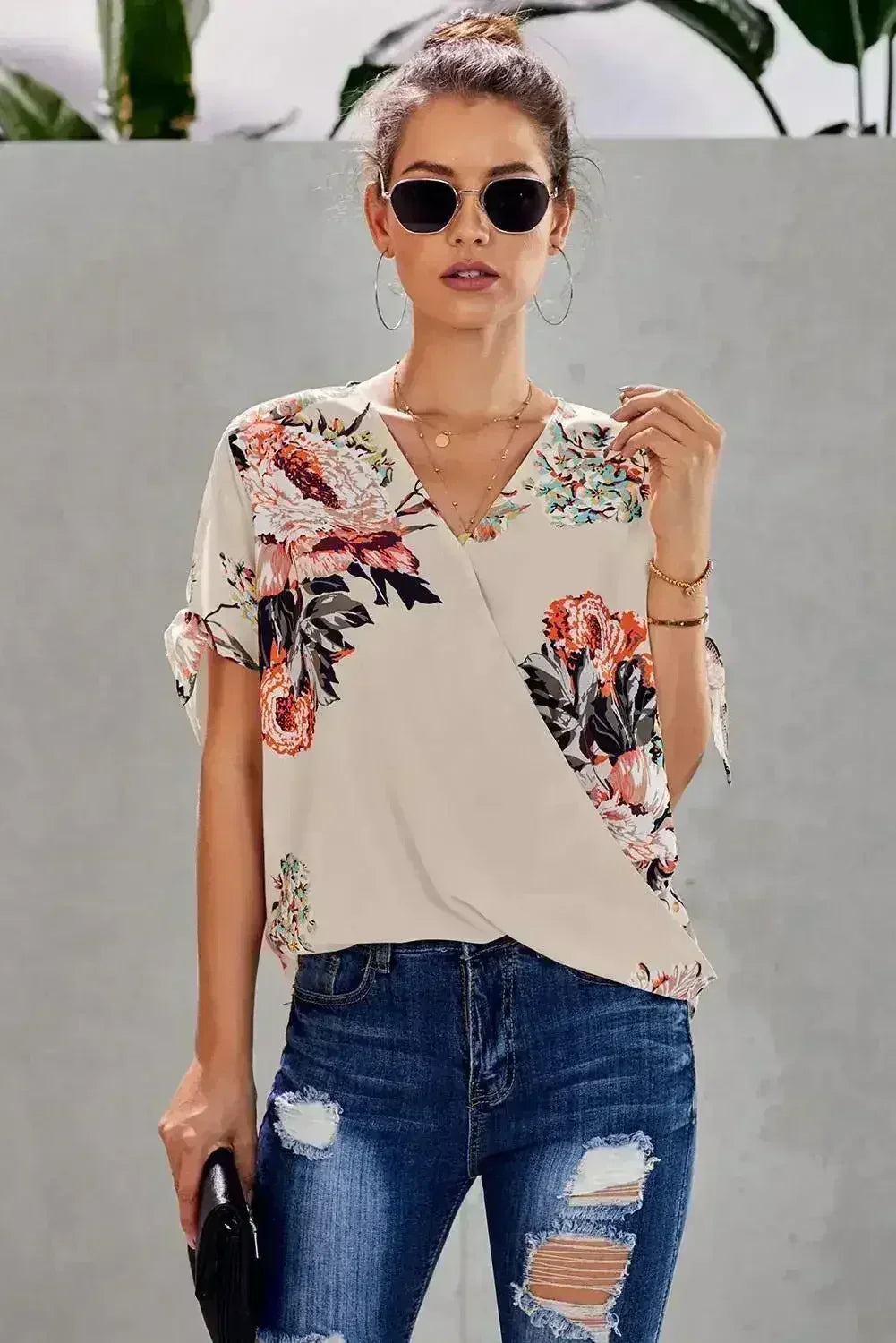 Apricot Floral Twist Short Sleeve Blouse Women’s Top | Femstylo