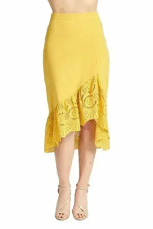 Aster Skirt - Cotton eyelet asymmetric hi-lo skirt marigold