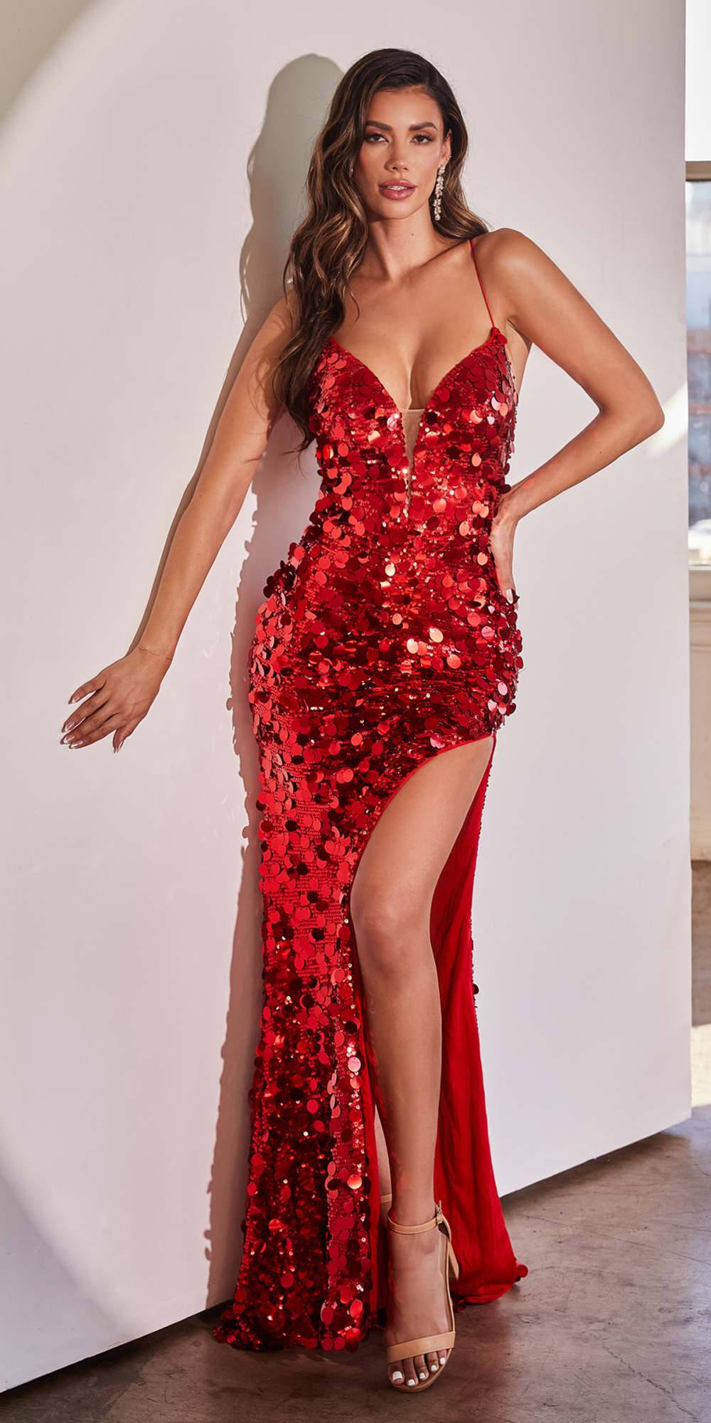 Cinderella Divine B1141 Floor Length Sexy V-Neck Paillette Fitted Gown Side Slit