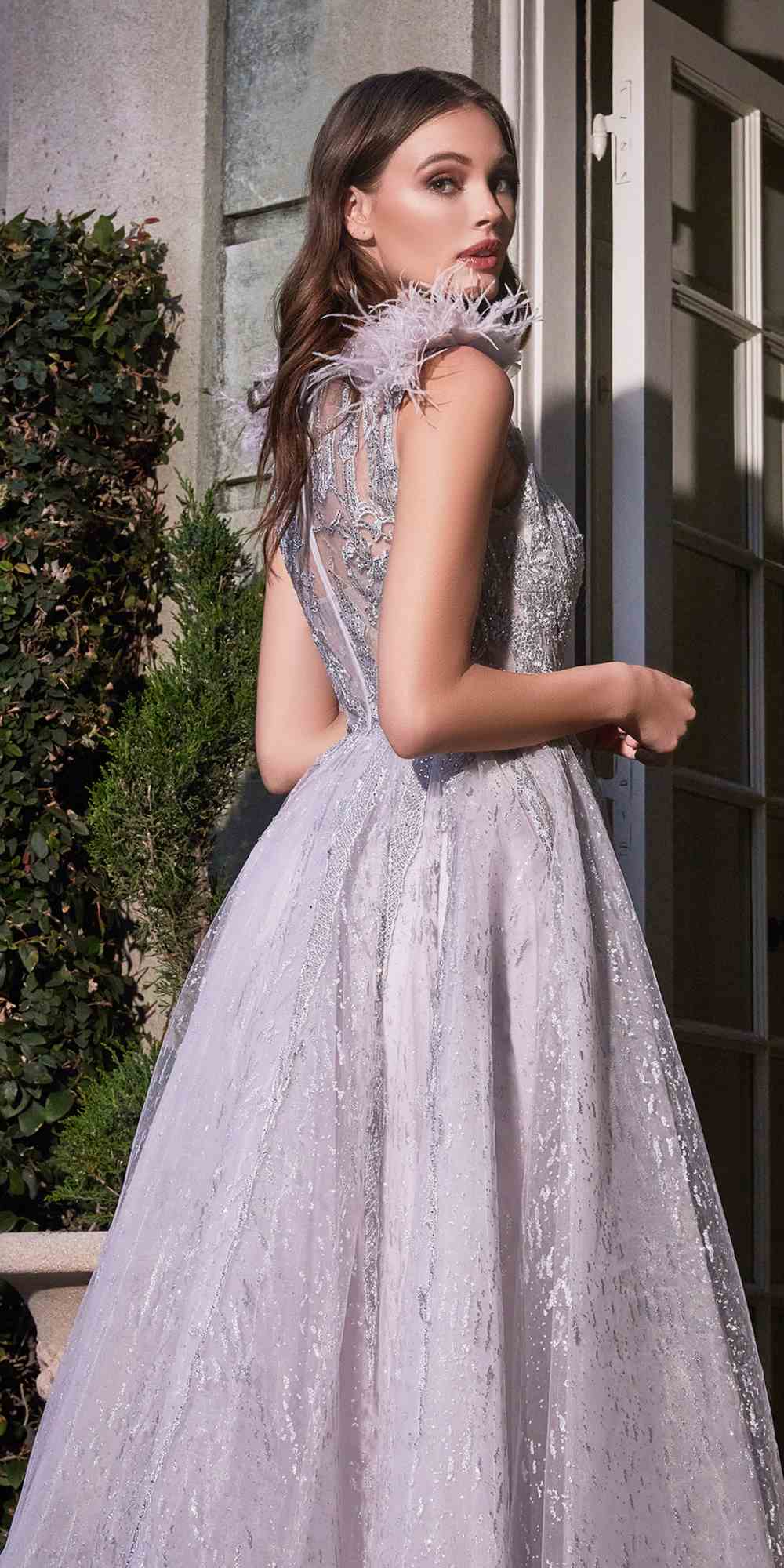 Cinderella Divine B704 Feathered Shoulder Tulle A-Line Ball Gown
