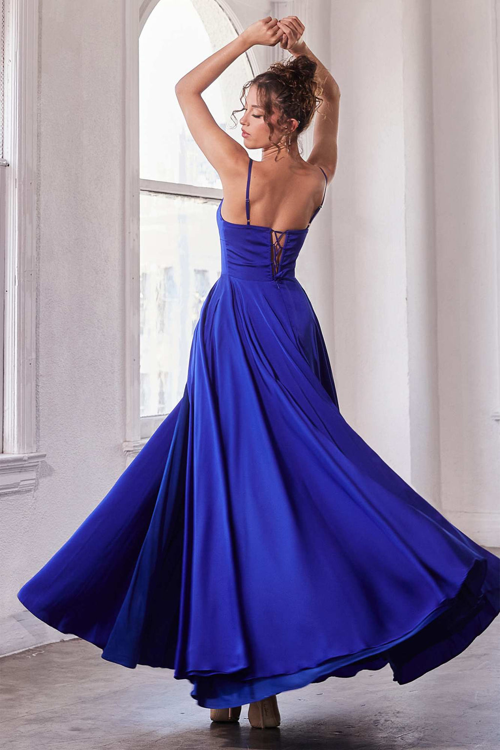 Ladivine B8402 Long Square Neck Pockets Satin A-Line Gown