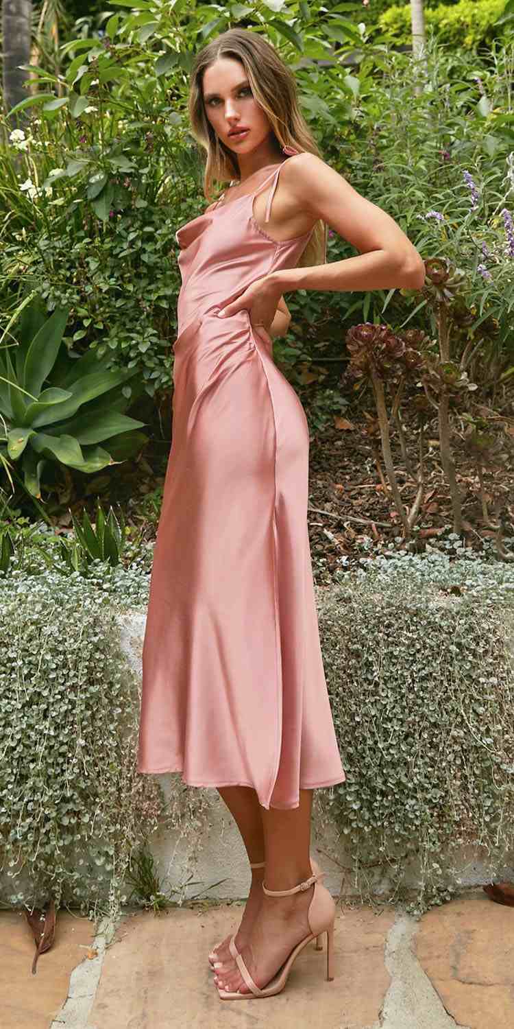 CLEARANCE - Cinderella Divine BD103 Satin Mauve Midi Length Dress Neck (Size S)