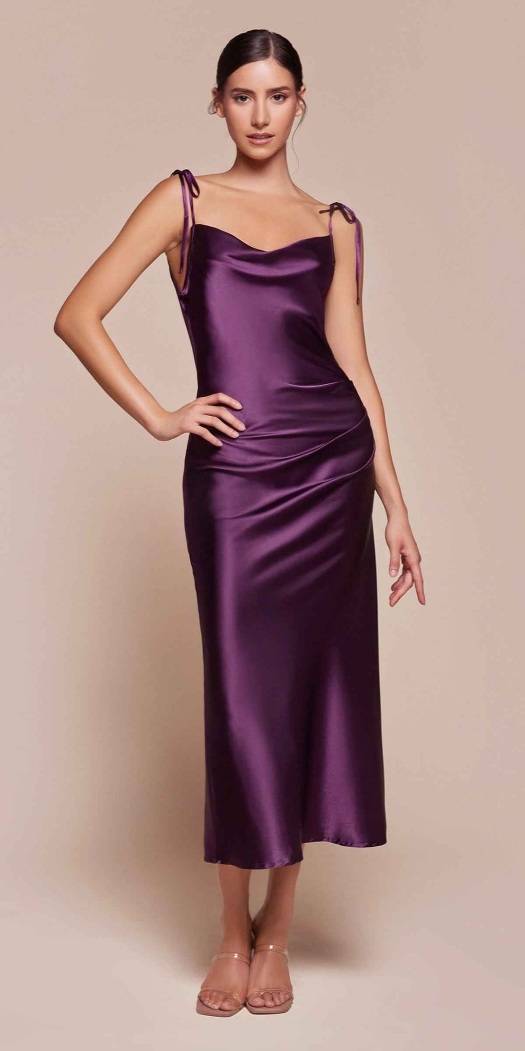 CLEARANCE - Cinderella Divine BD103 Satin Mauve Midi Length Dress Neck (Size S)