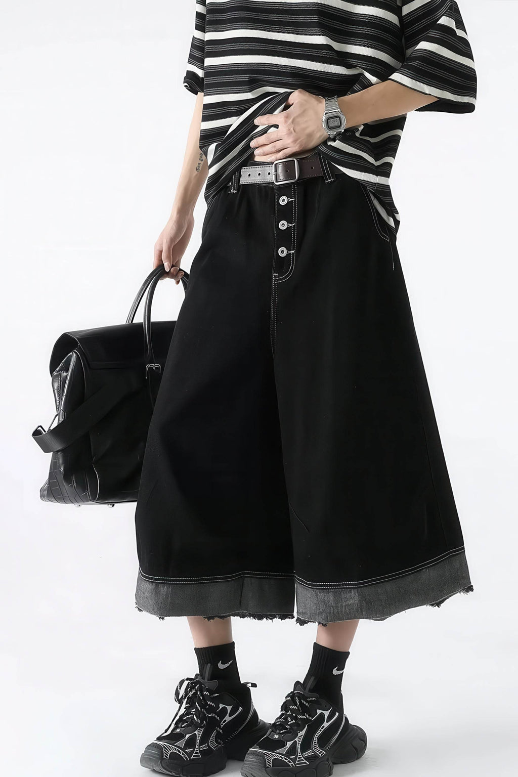 Button-Fly Cropped Jeans - Streetwear Washed Wide Leg Pants