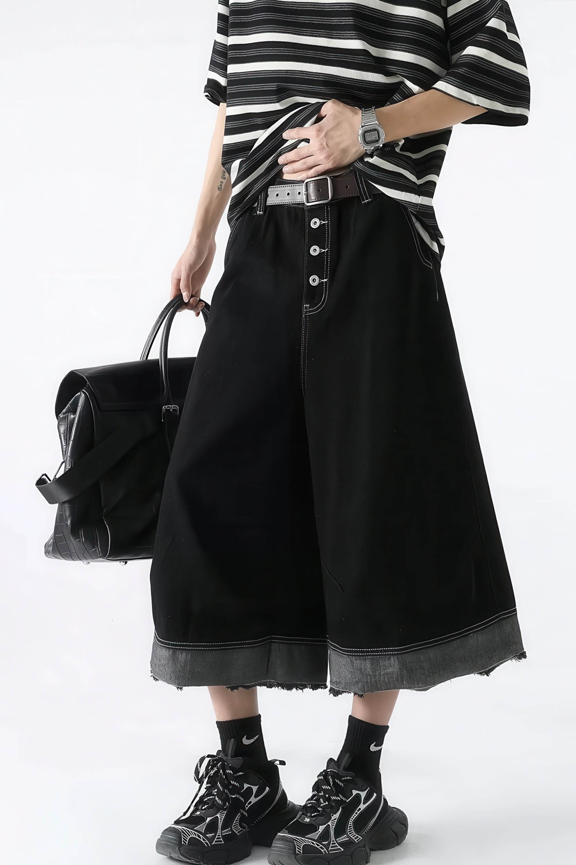 Button-Fly Cropped Jeans - Streetwear Washed Wide Leg Pants