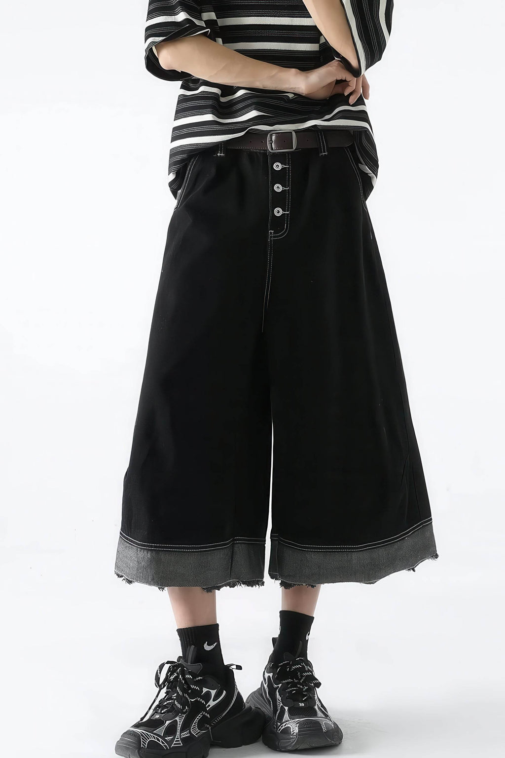 Button-Fly Cropped Jeans - Streetwear Washed Wide Leg Pants