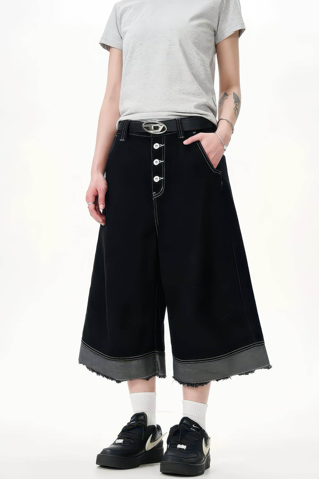 Button-Fly Cropped Jeans - Streetwear Washed Wide Leg Pants
