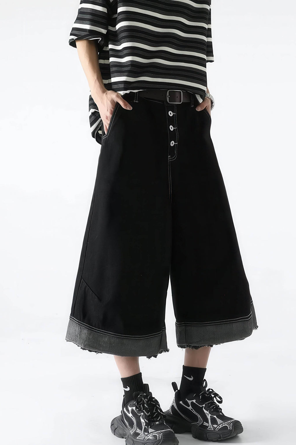 Button-Fly Cropped Jeans - Streetwear Washed Wide Leg Pants