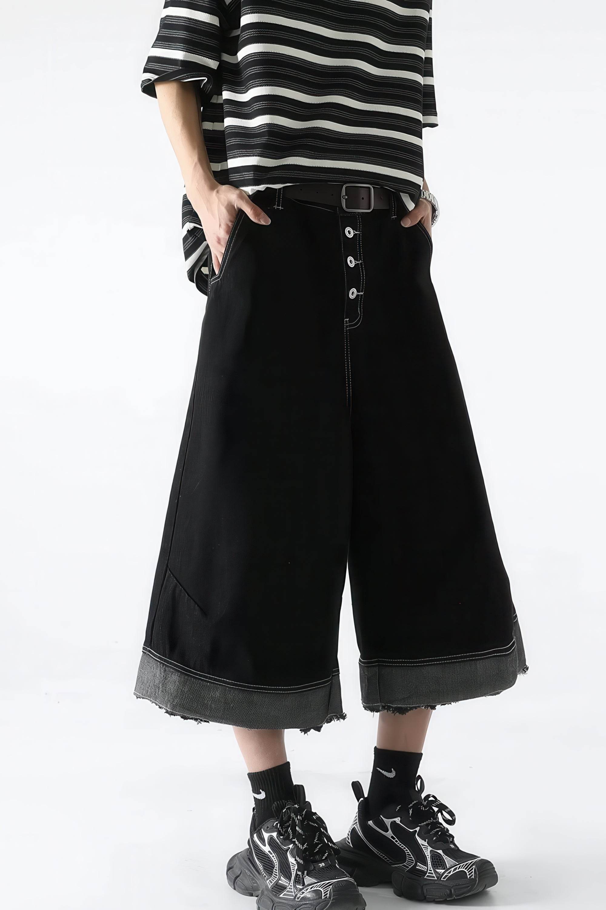 Button-Fly Cropped Jeans - Streetwear Washed Wide Leg Pants