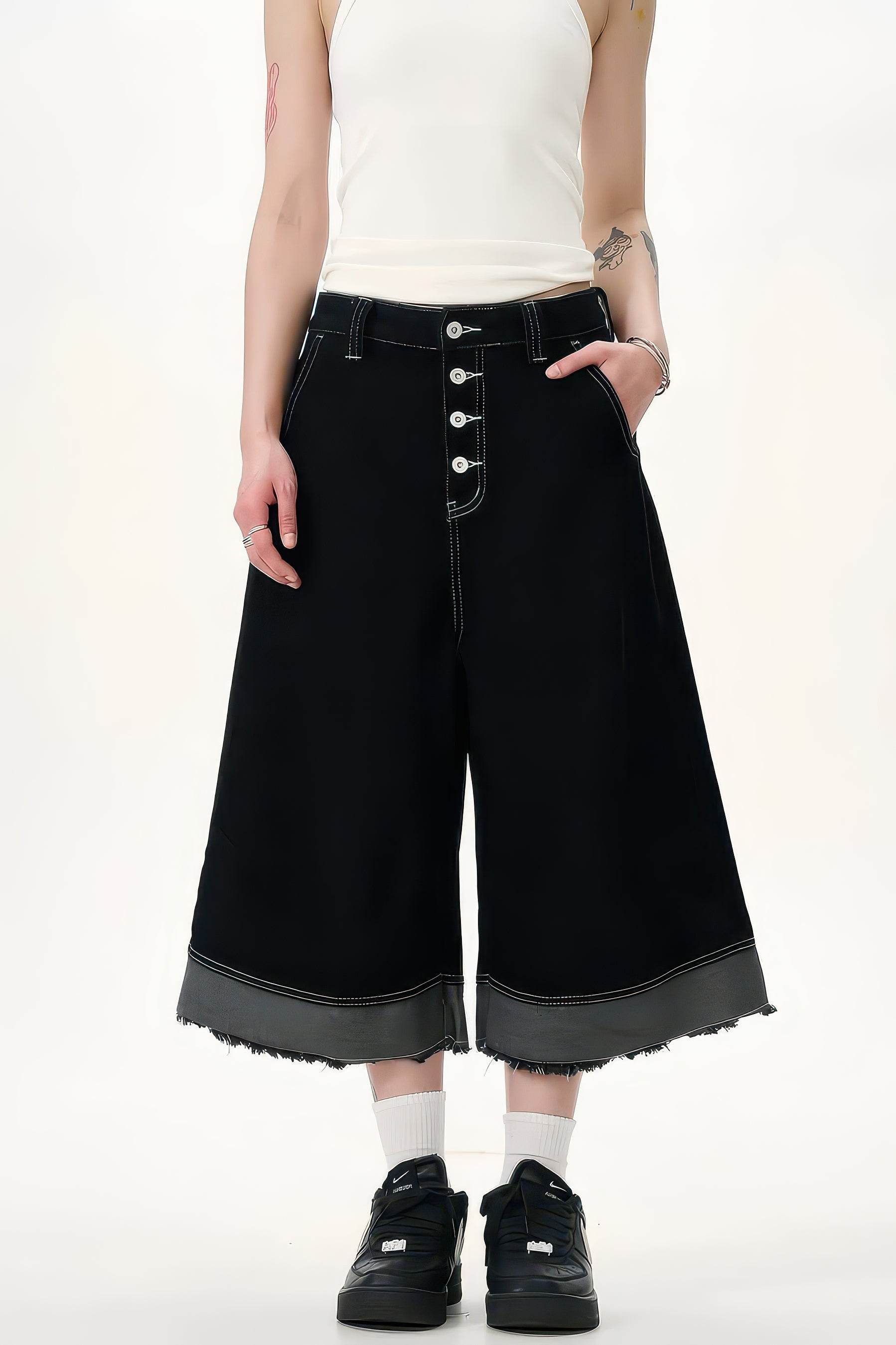 Button-Fly Cropped Jeans - Streetwear Washed Wide Leg Pants
