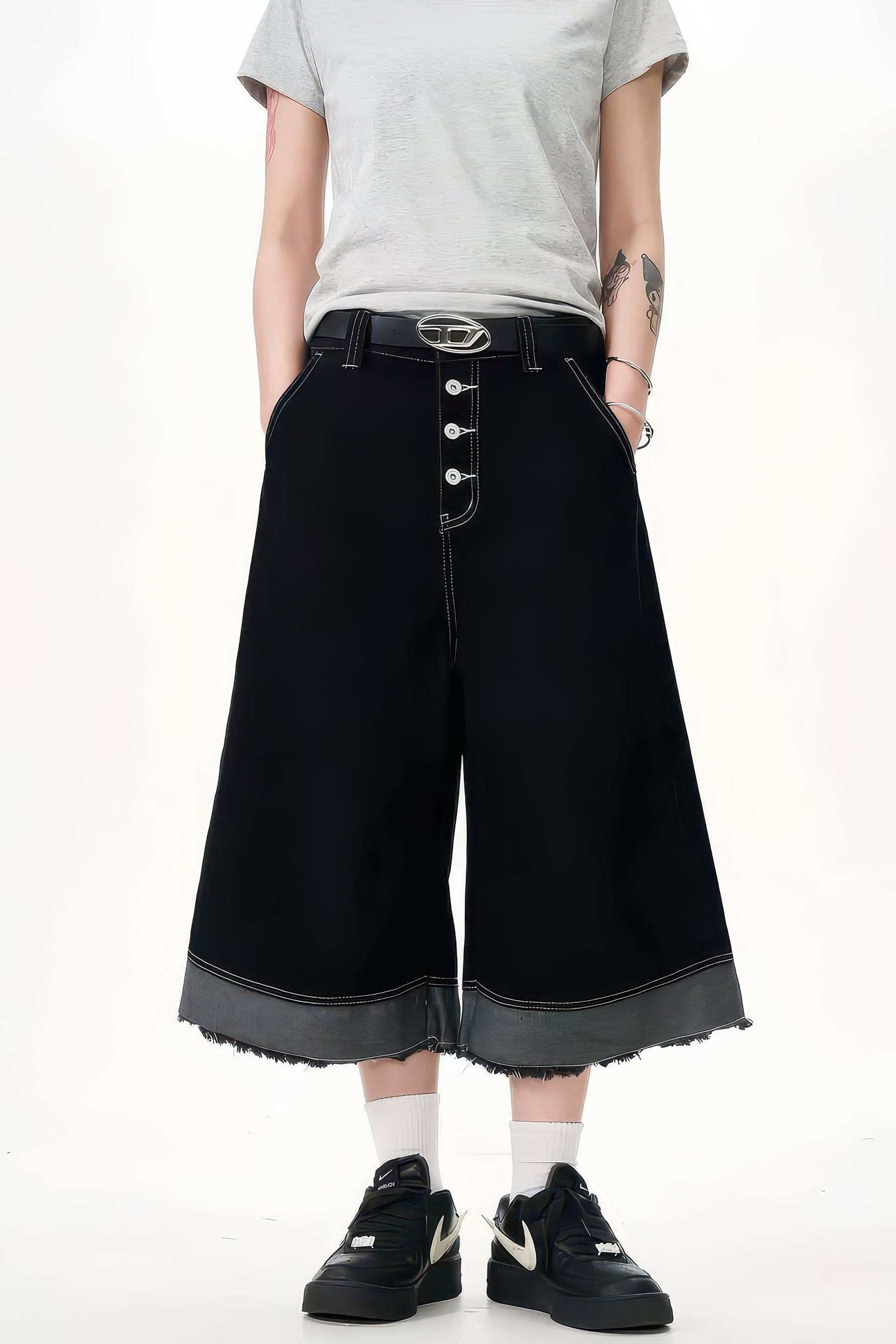 Button-Fly Cropped Jeans - Streetwear Washed Wide Leg Pants