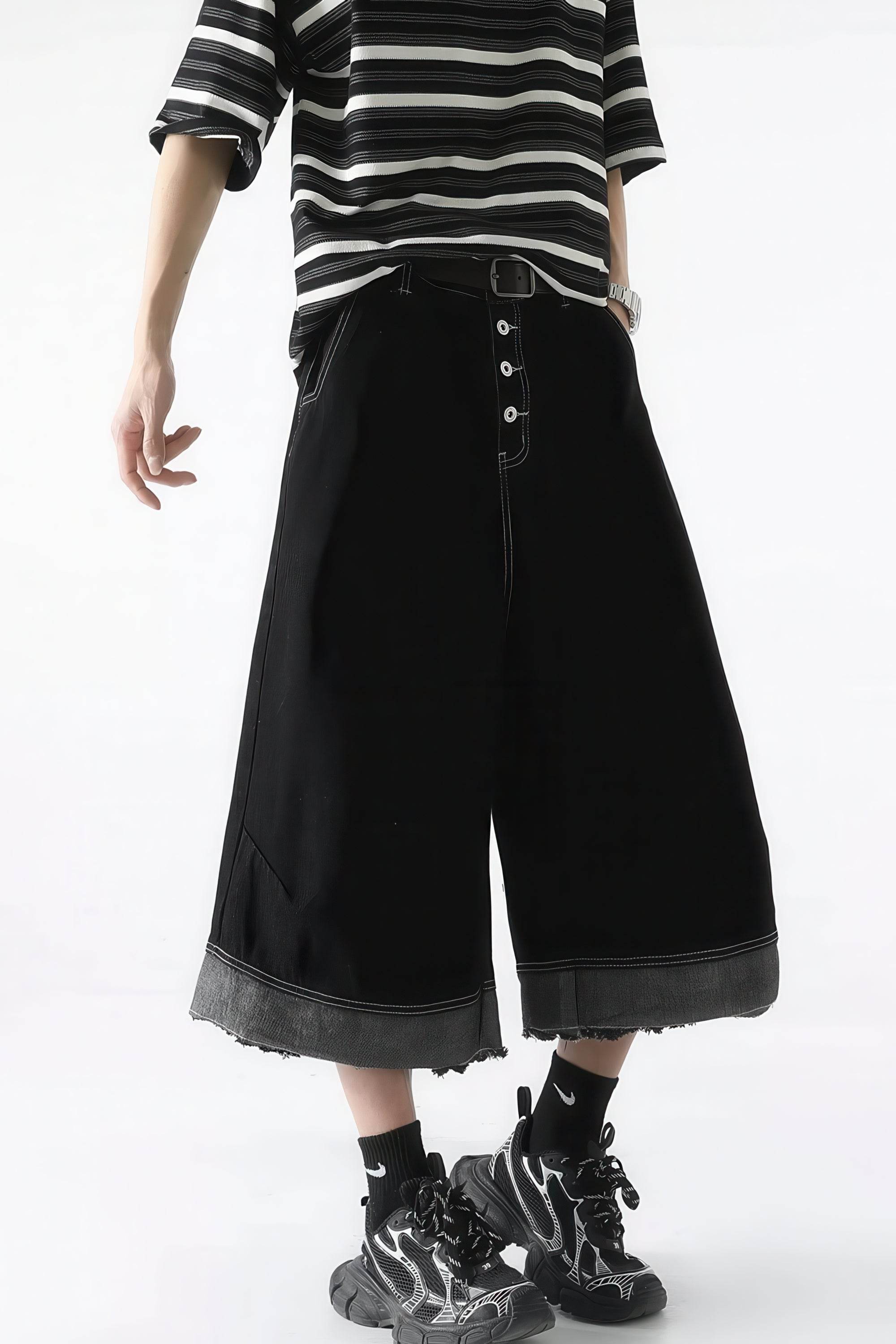 Button-Fly Cropped Jeans - Streetwear Washed Wide Leg Pants