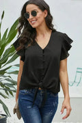 Black Button Down Tie Top - Casual V-Neck Blouse | Femstylo