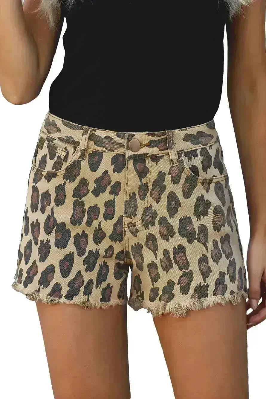 Brown Leopard Mid Waist Frayed Hemline Jean Shorts