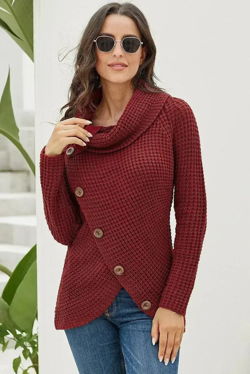 Burgundy Buttoned Wrap Turtleneck Sweater