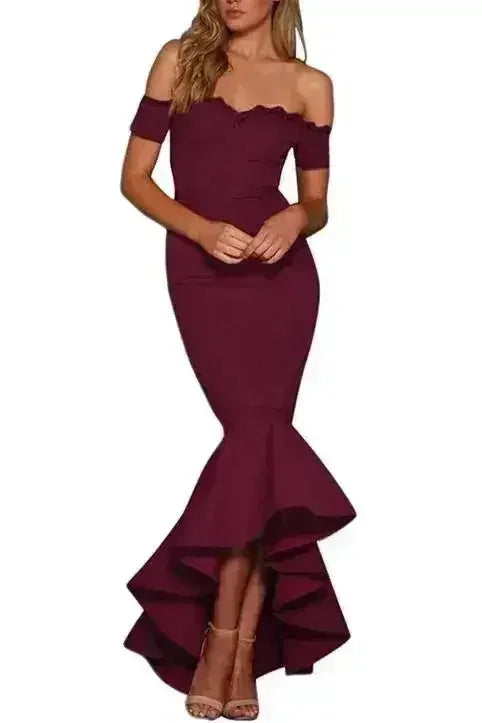 Burgundy Lace Trim Off Shoulder Fishtail Party Dress