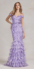 Nox Anabel C1106 Long Mermaid Off the Shoulder Gown with Feathers