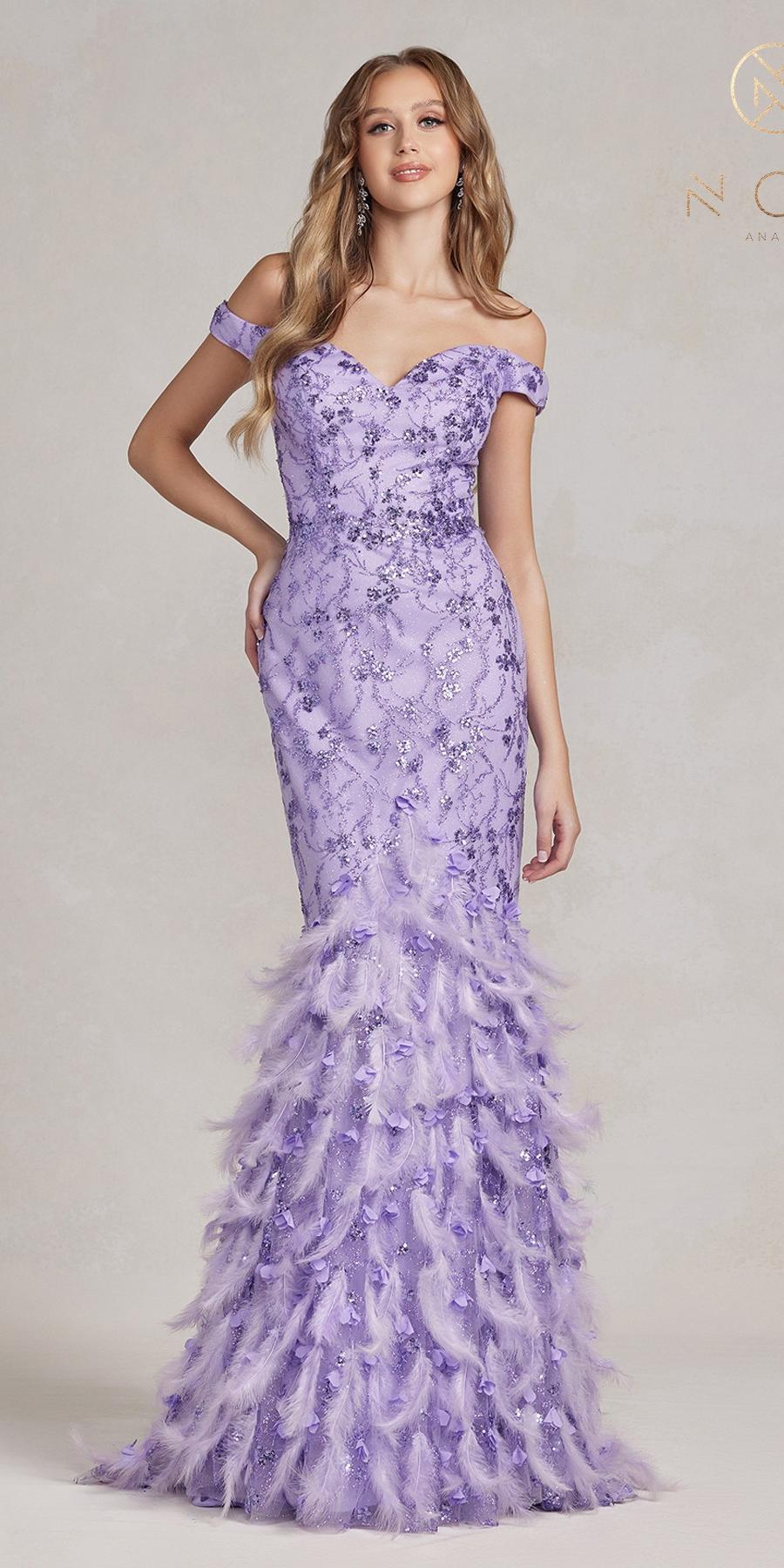 Nox Anabel C1106 Long Mermaid Off the Shoulder Gown with Feathers