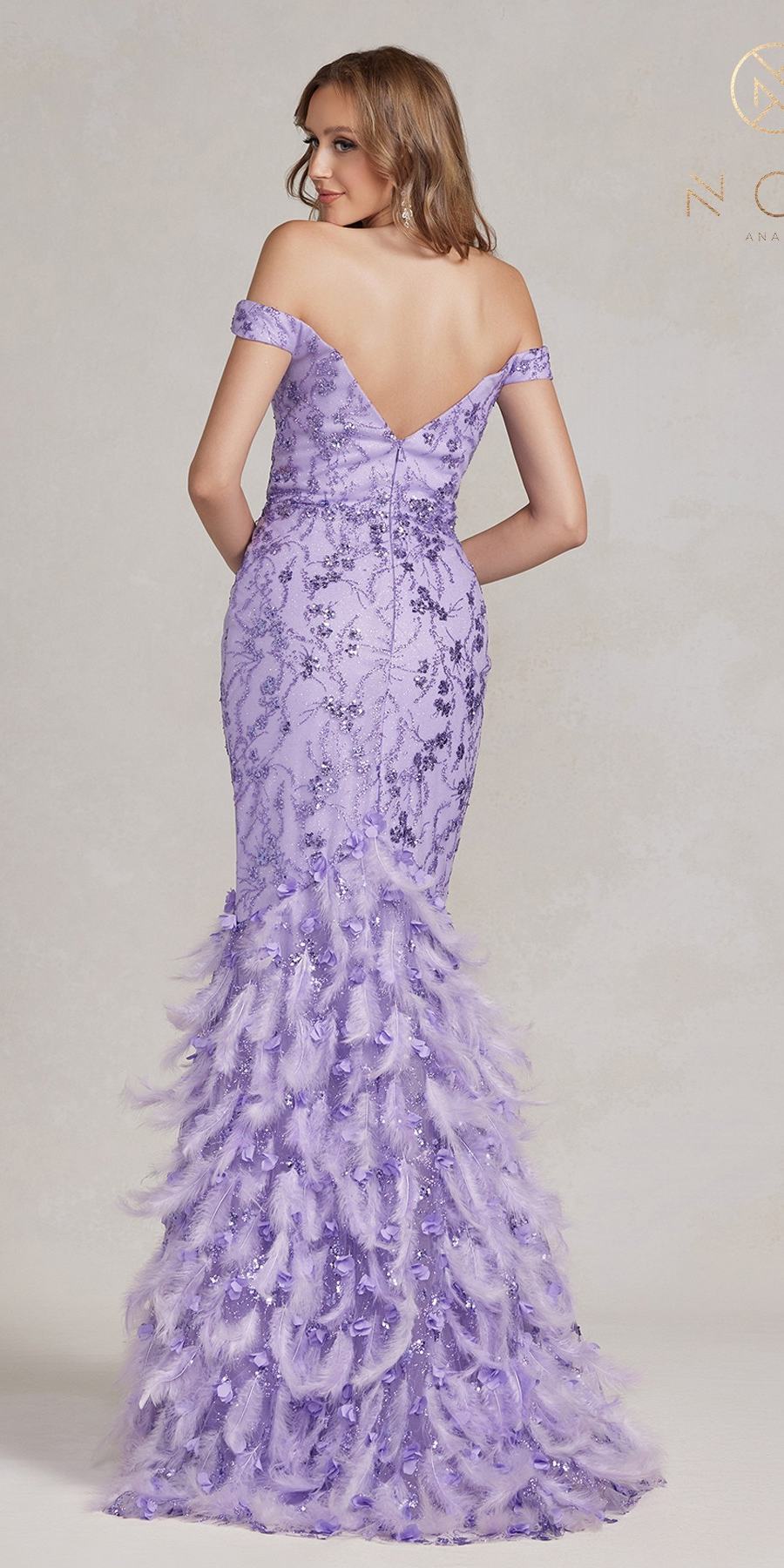 Nox Anabel C1106 Long Mermaid Off the Shoulder Gown with Feathers