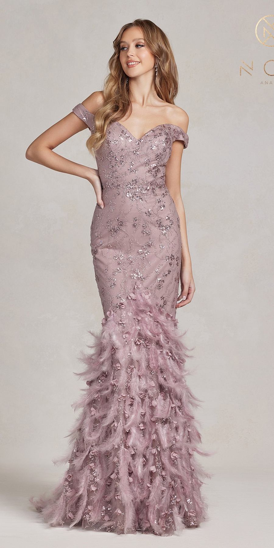 Nox Anabel C1106 Long Mermaid Off the Shoulder Gown with Feathers