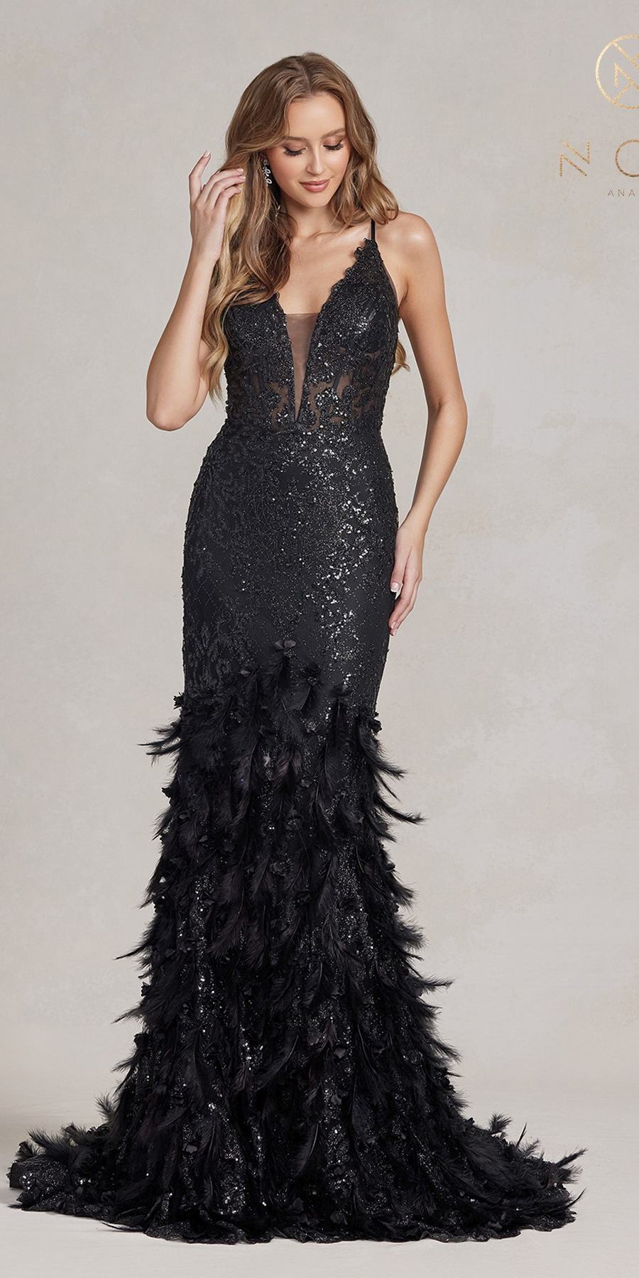 Nox Anabel C1111 Glitter Feather Skirt Mermaid Gown