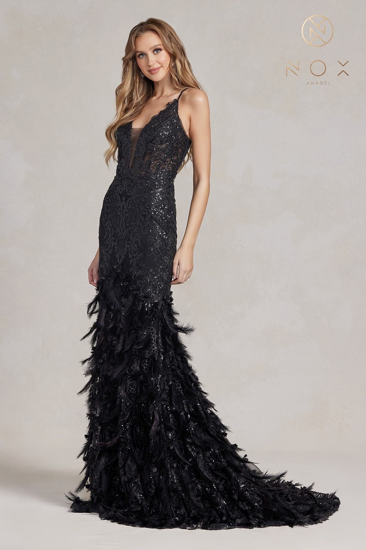 Nox Anabel C1111 Glitter Feather Skirt Mermaid Gown