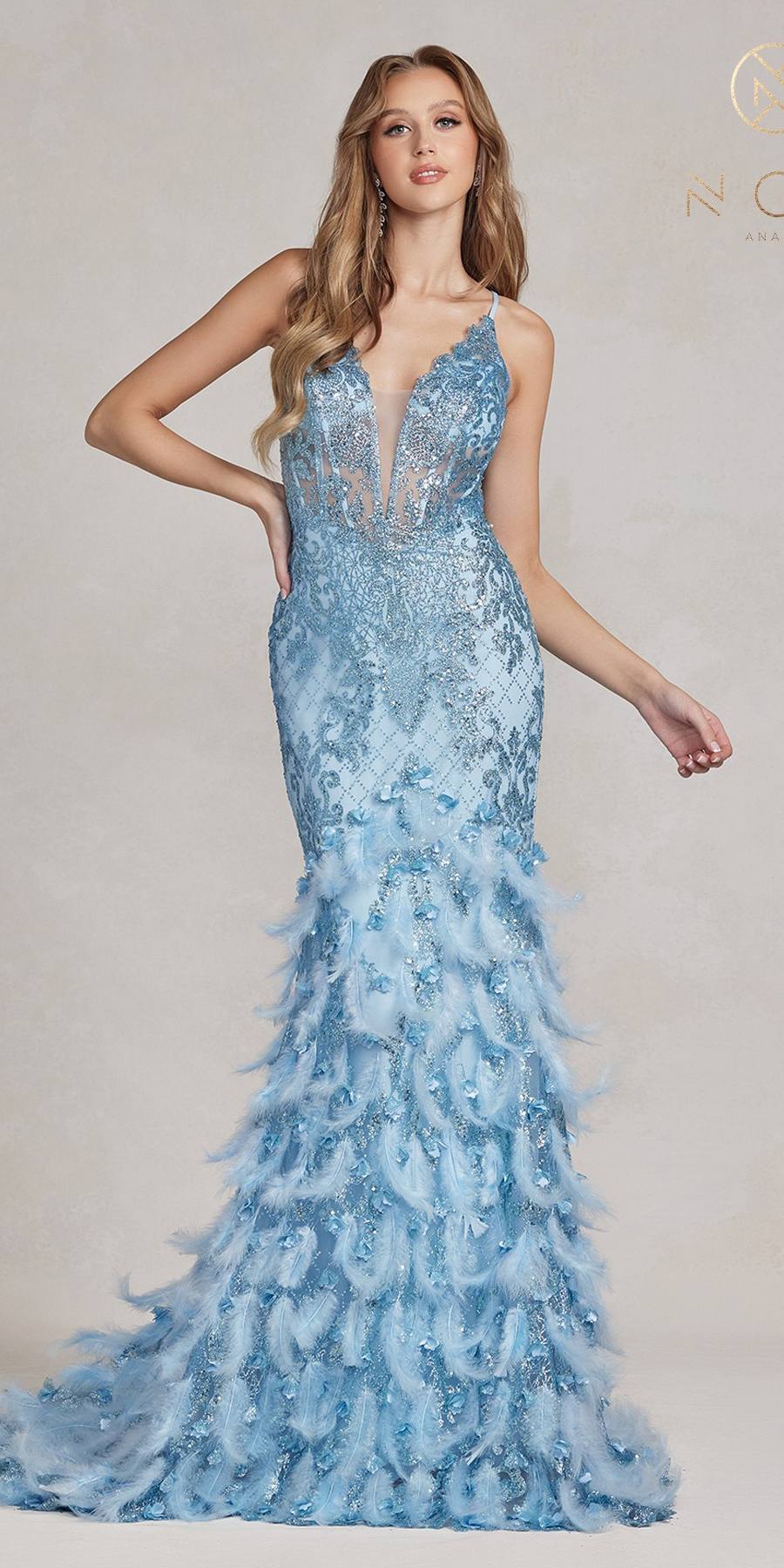 Nox Anabel C1111 Glitter Feather Skirt Mermaid Gown