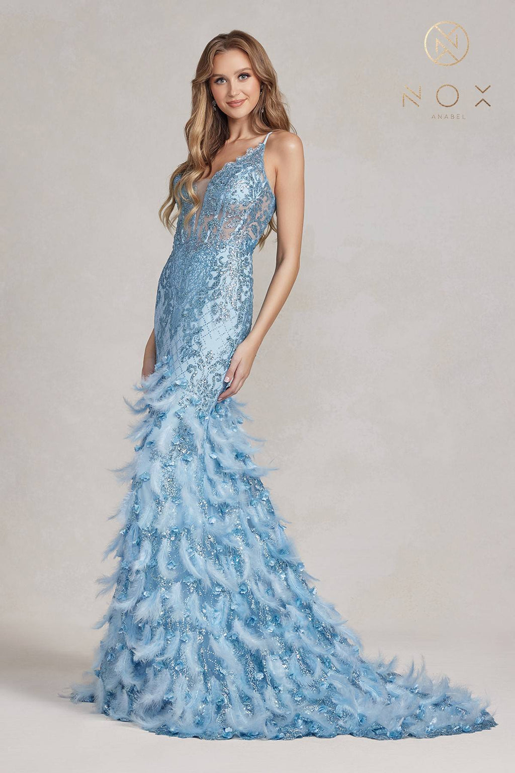 Nox Anabel C1111 Glitter Feather Skirt Mermaid Gown