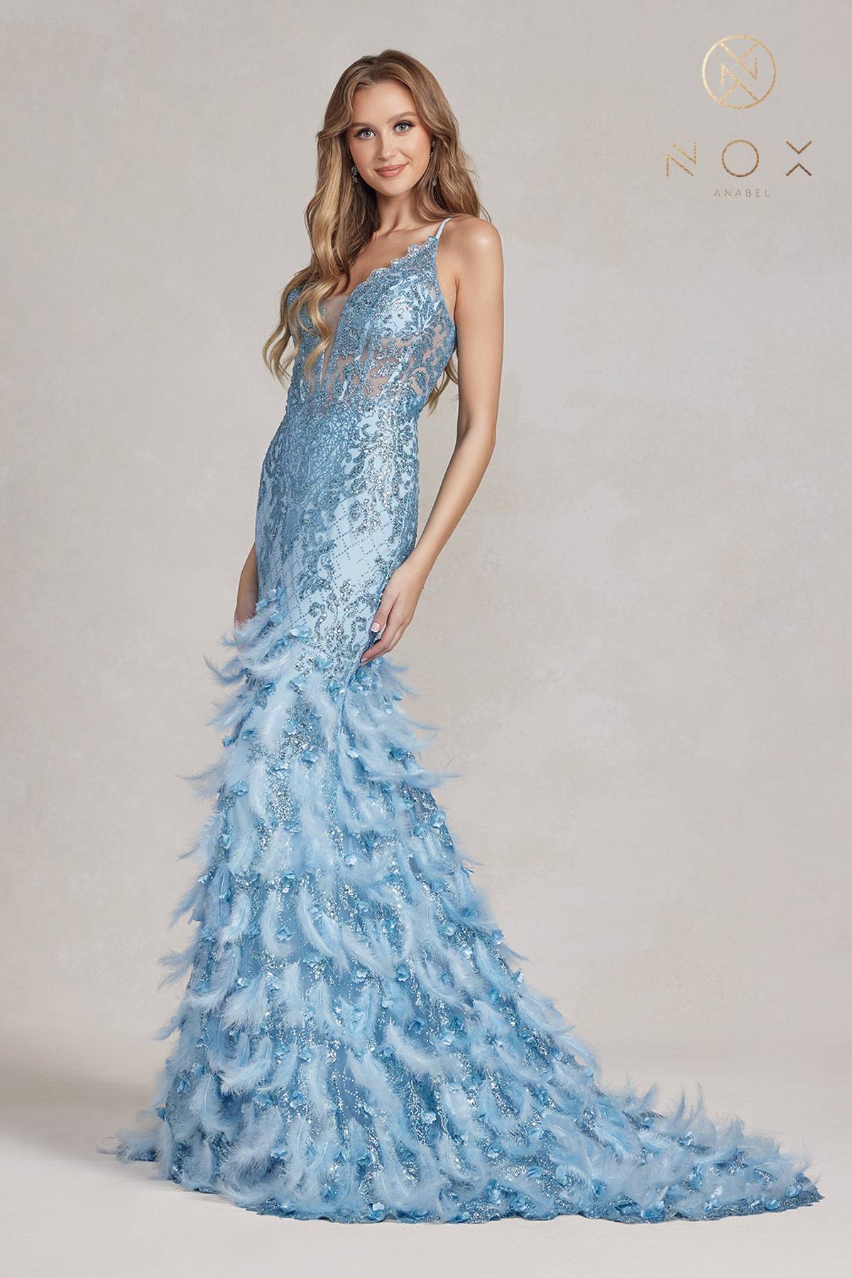 Nox Anabel C1111 Glitter Feather Skirt Mermaid Gown