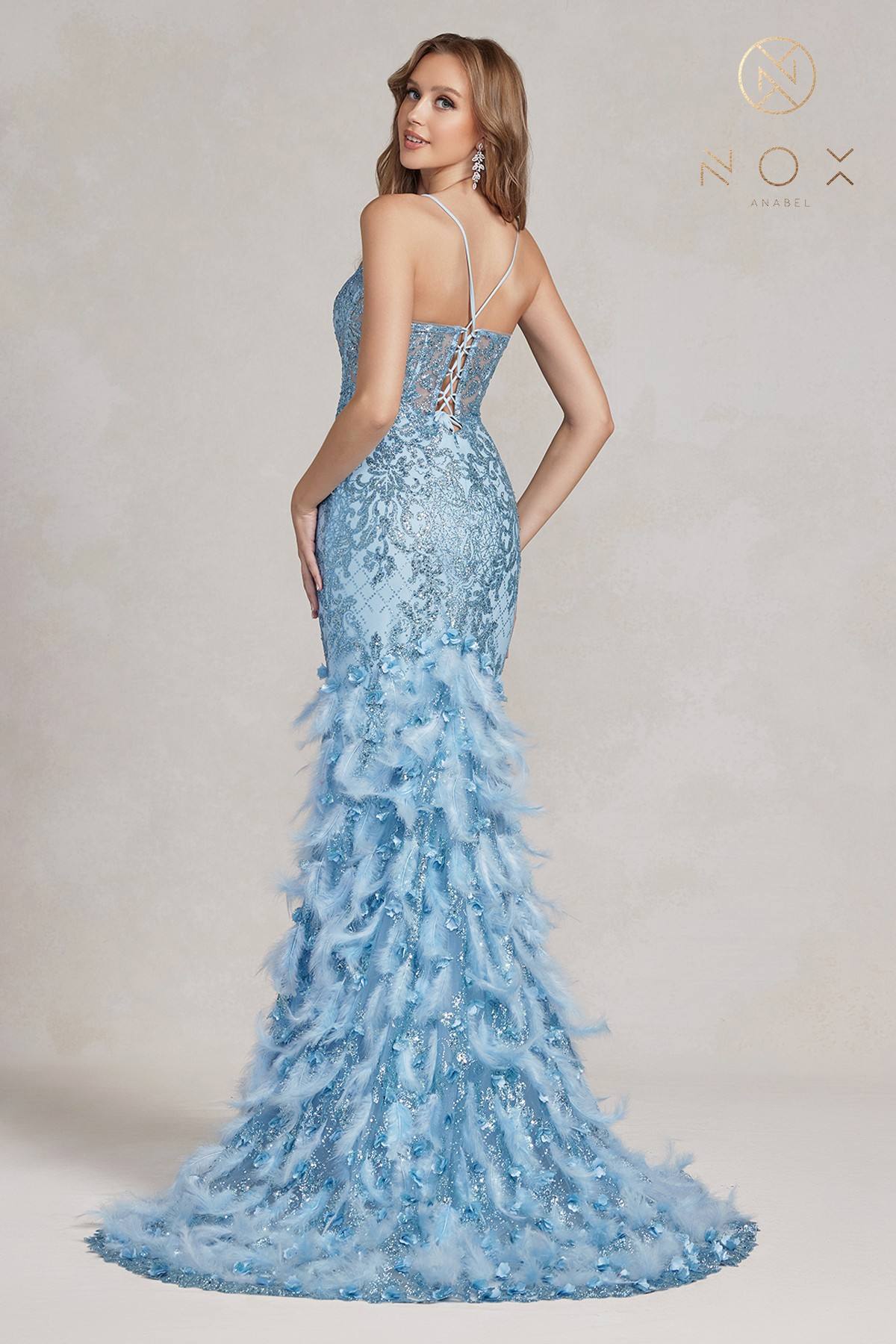 Nox Anabel C1111 Glitter Feather Skirt Mermaid Gown
