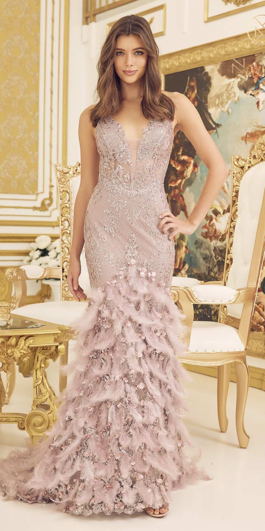 Nox Anabel C1111 Glitter Feather Skirt Mermaid Gown