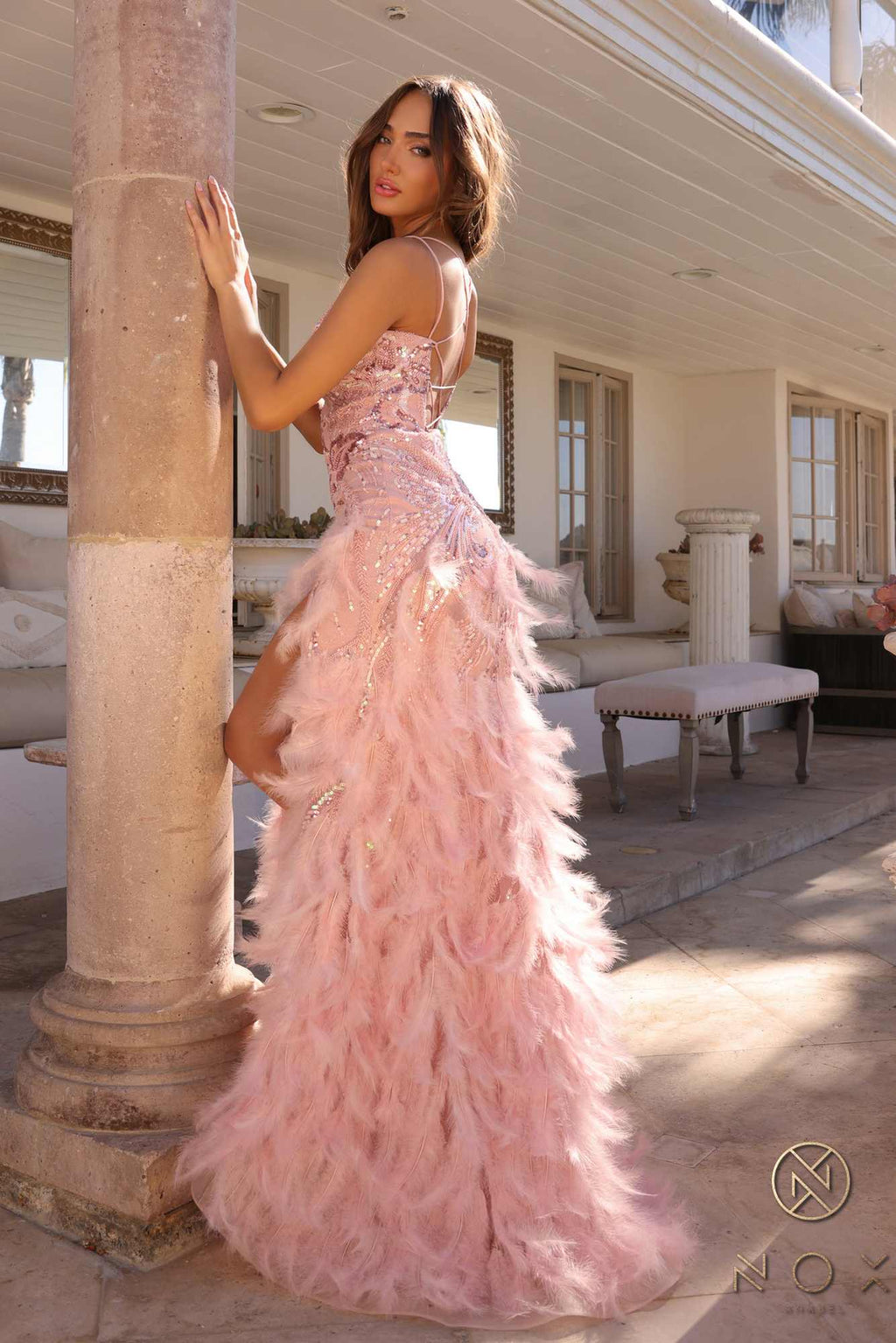 Nox Anabel C1413 Long Sequin Embroidered Applique Fitted Feather Gown