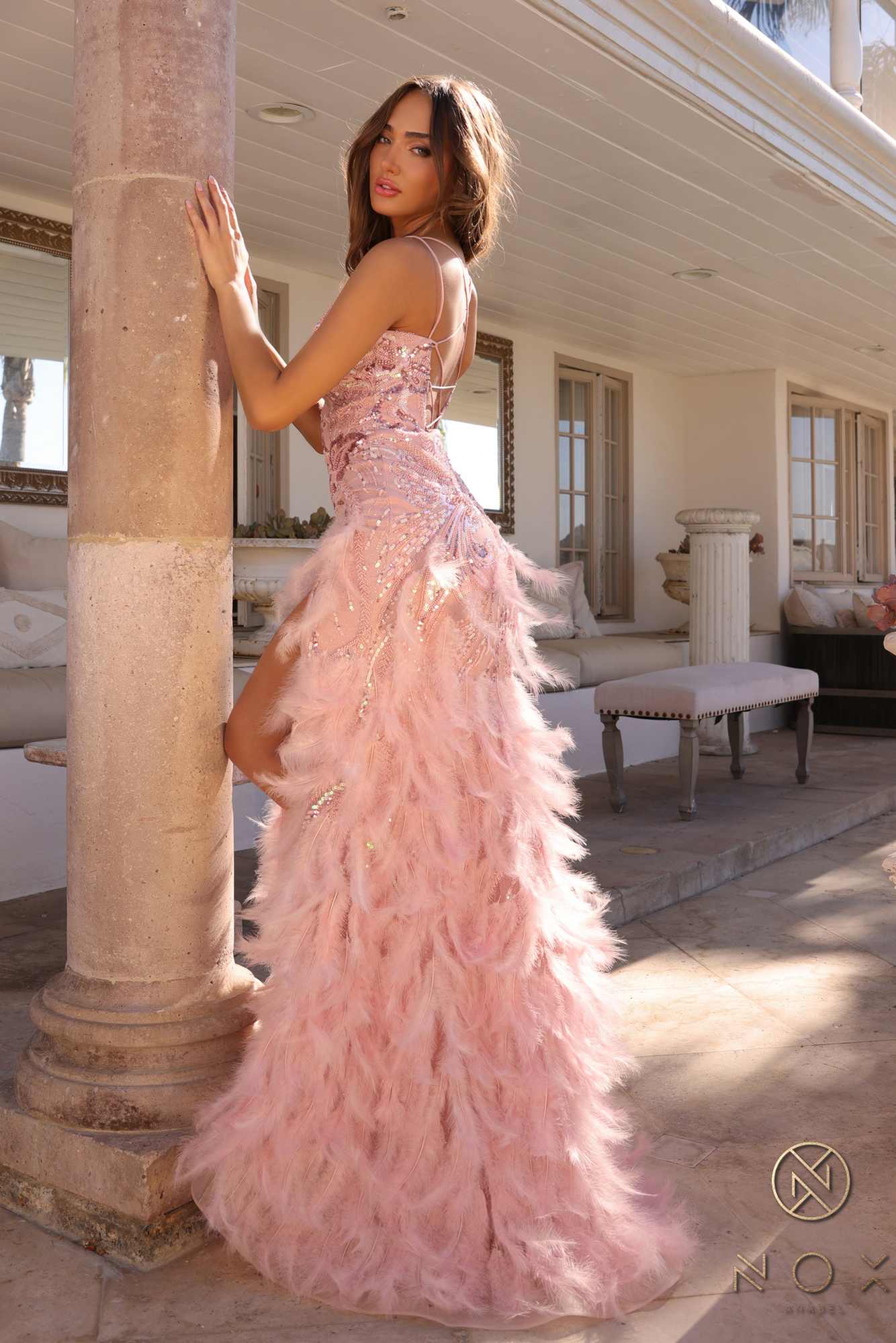 Nox Anabel C1413 Long Sequin Embroidered Applique Fitted Feather Gown
