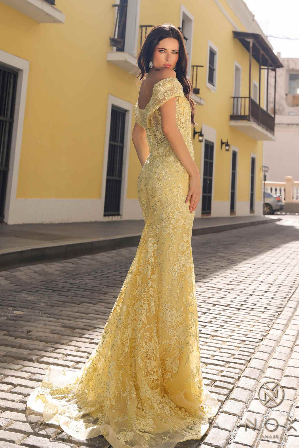 Nox Anabel C1455 Long Off Shoulder Fitted Plunging Sweetheart Dress