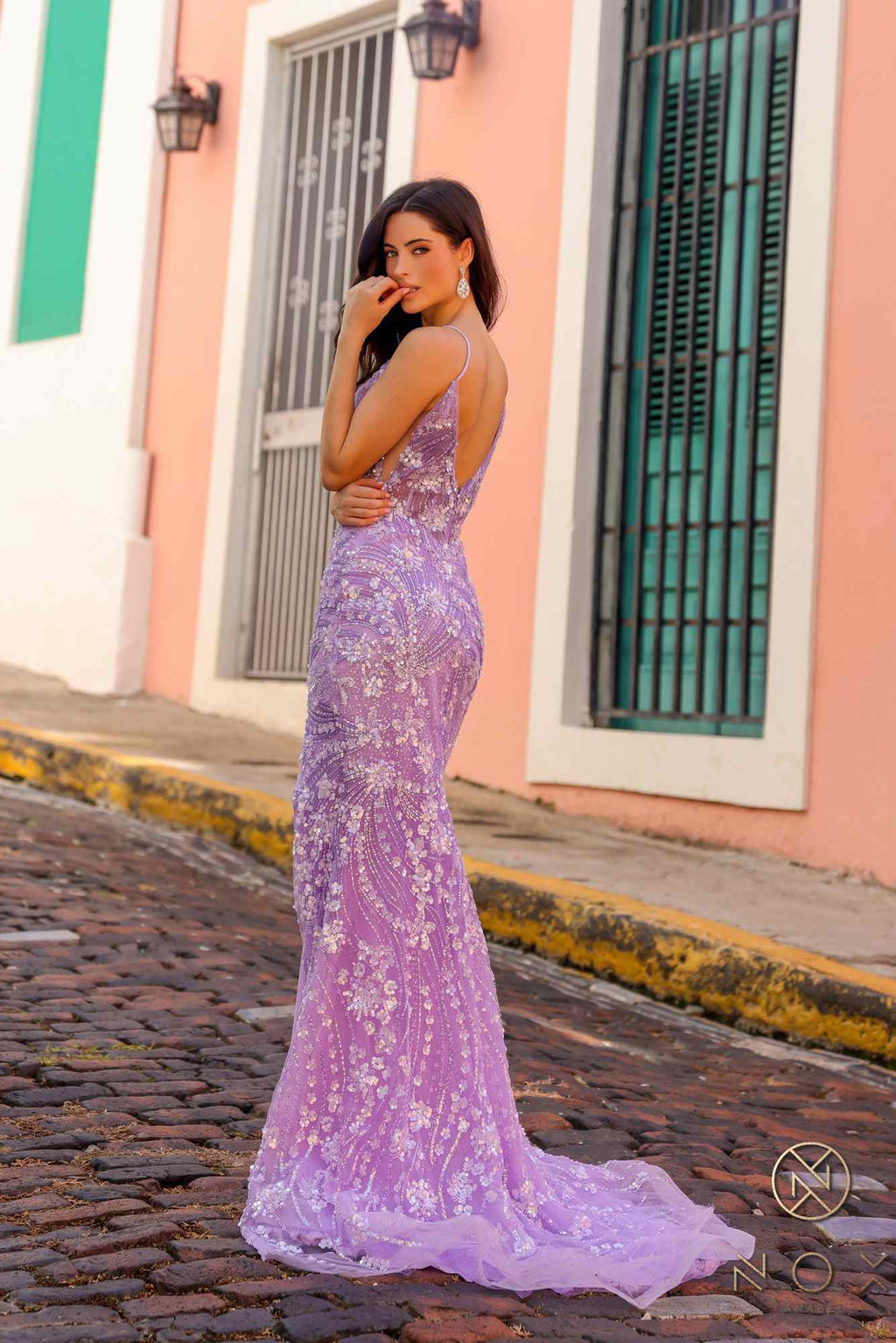 CLEARANCE - Nox Anabel C1458 Long Floral Sequin Corset Bodice Fitted Dress (Size 8)