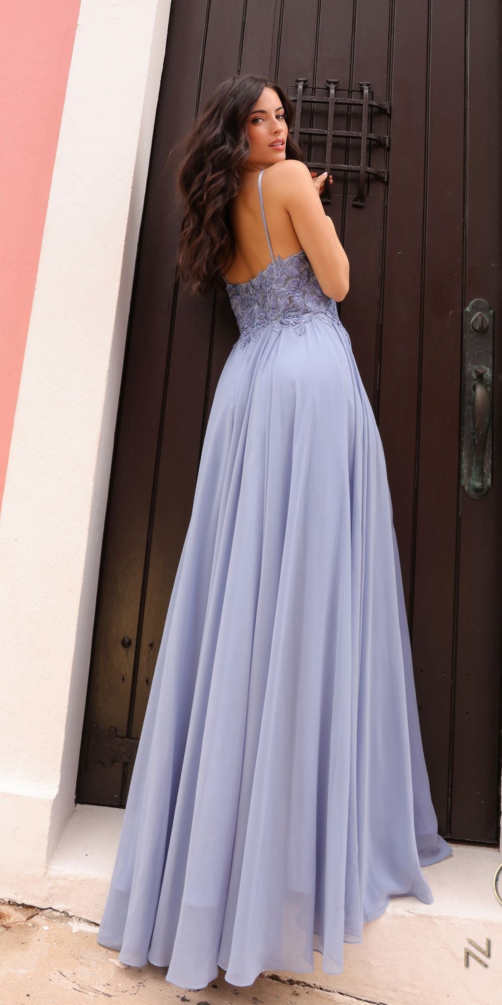 Nox Anabel C1462 Long A-Line Flowy Chiffon Embroidered Lace Dress